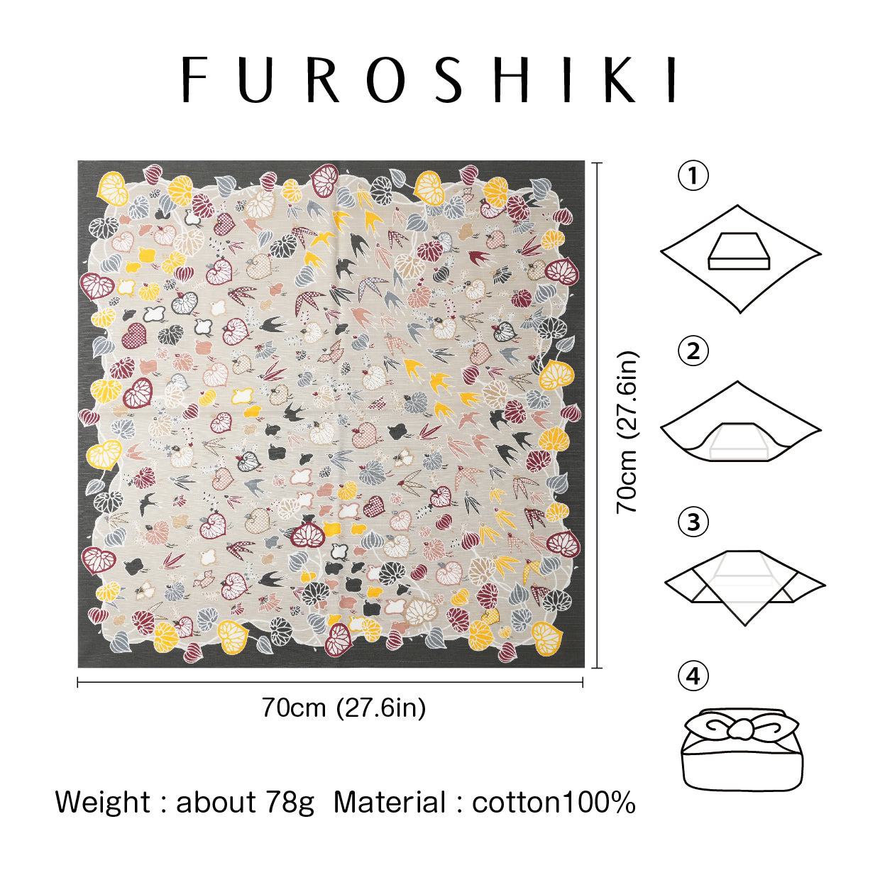 Furoshiki | Mitate Aoi Sencho Gray | 100% cotton, 70cm, Made in Japan | Mashu KYOTO