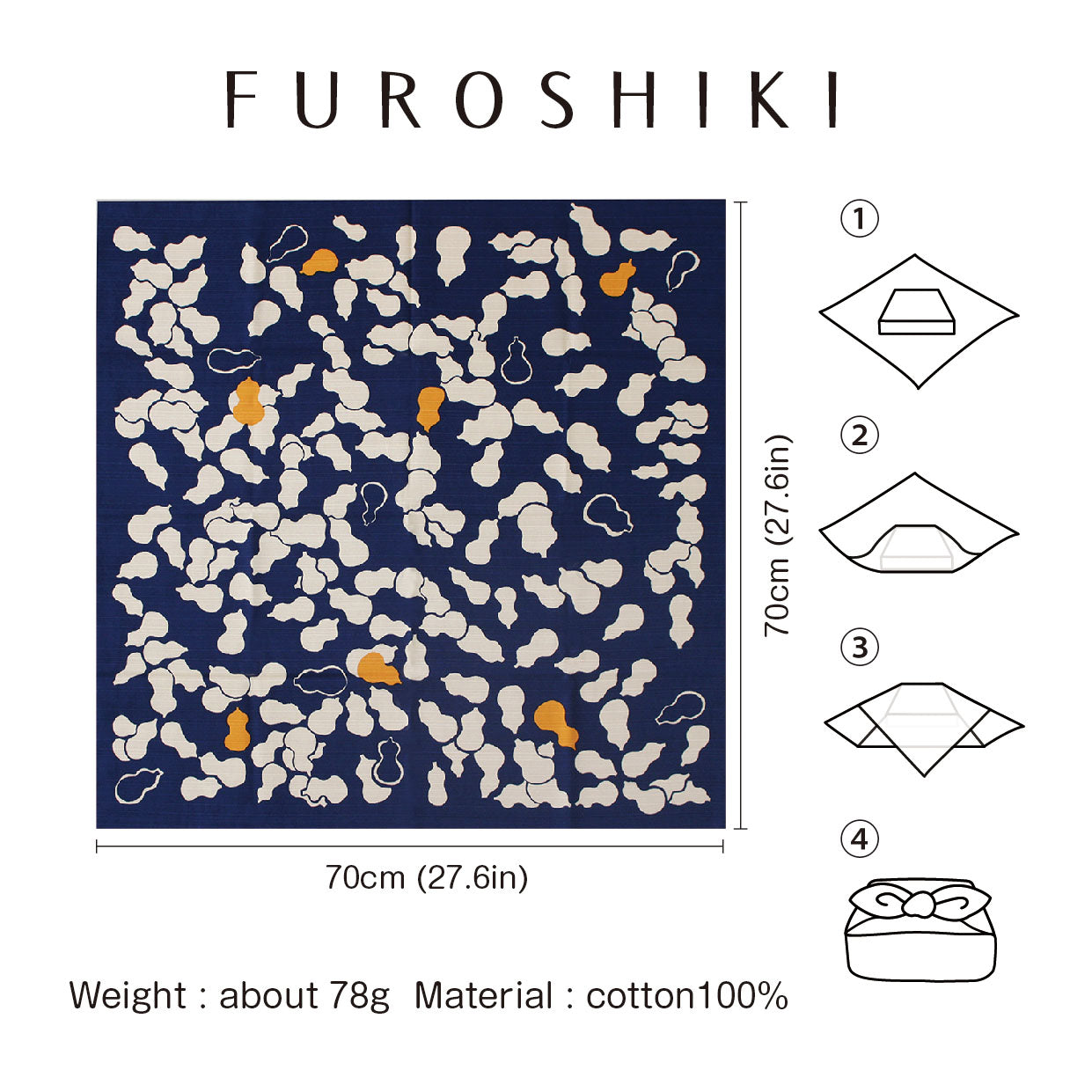 Furoshiki | Gourde, bleu marine | 100% coton, 70 cm, fabriqué au Japon | mashu KYOTO
