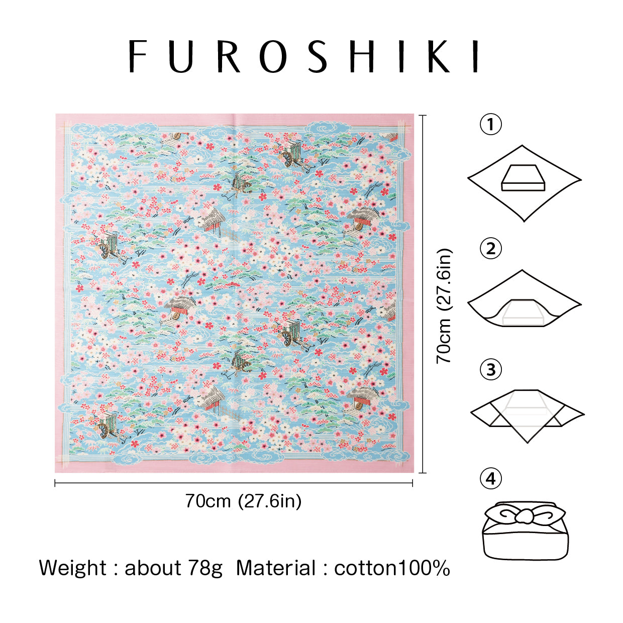 Furoshiki | Sakura Kasumi Goshokai Light blue | 100% cotton, 70cm, Made in Japan | Mashu KYOTO