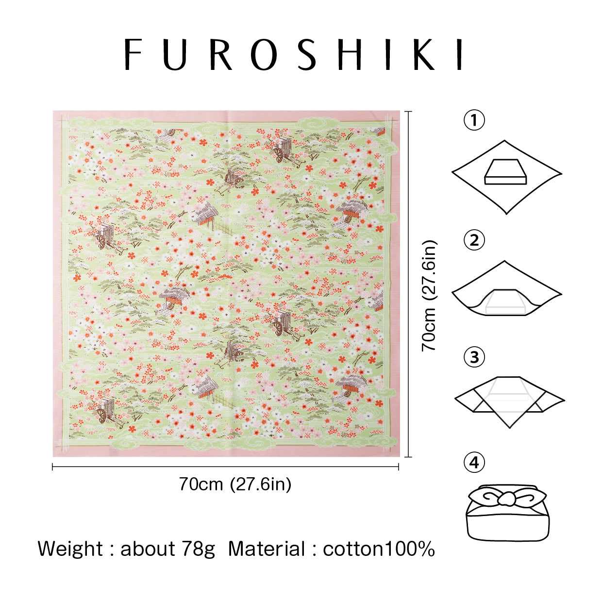 Furoshiki | Sakura Kasumi Goshokai Green | 100% cotton, 70cm, Made in Japan | Mashu KYOTO