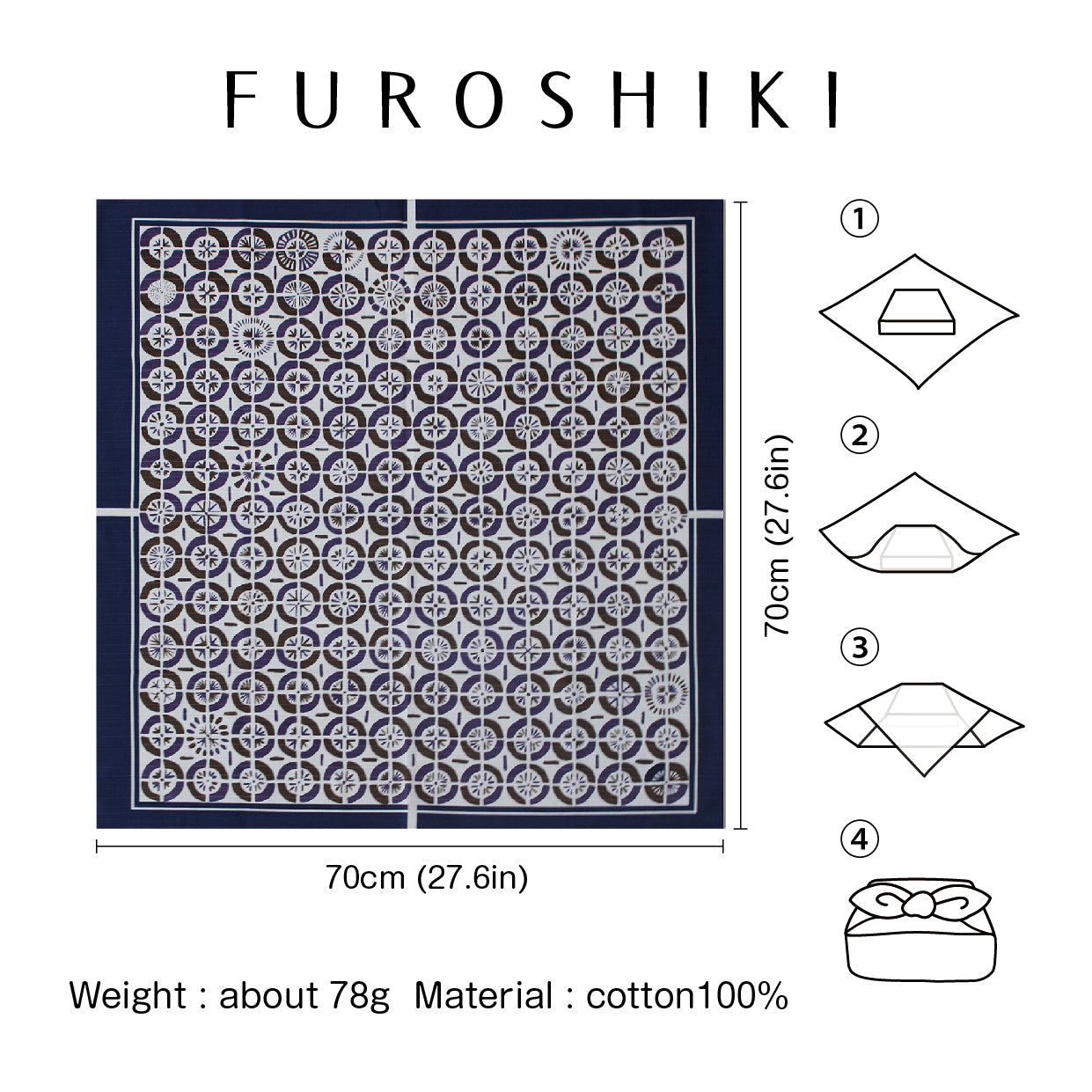 Furoshiki | Ventilateur, bleu | 100% coton, 70 cm, fabriqué au Japon | Mashu KYOTO