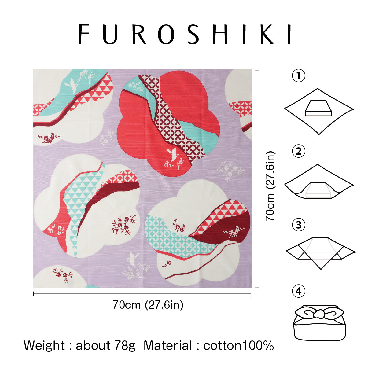 Furoshiki | Ume Docho Rose | 100% coton, 70 cm, fabriqué au Japon | Mashu KYOTO