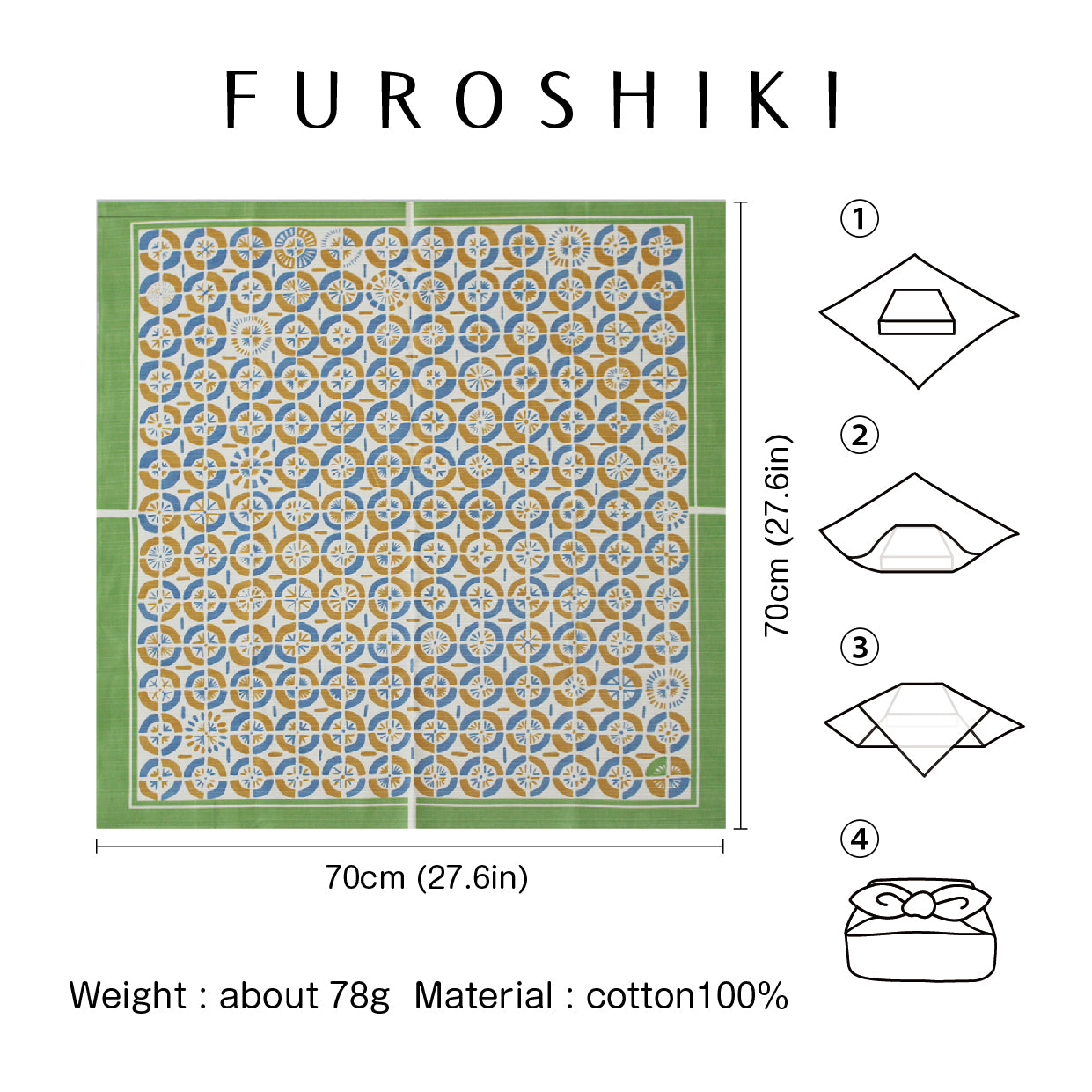 Furoshiki | Ventilateur, vert | 100% coton, 70 cm, fabriqué au Japon | Mashu KYOTO