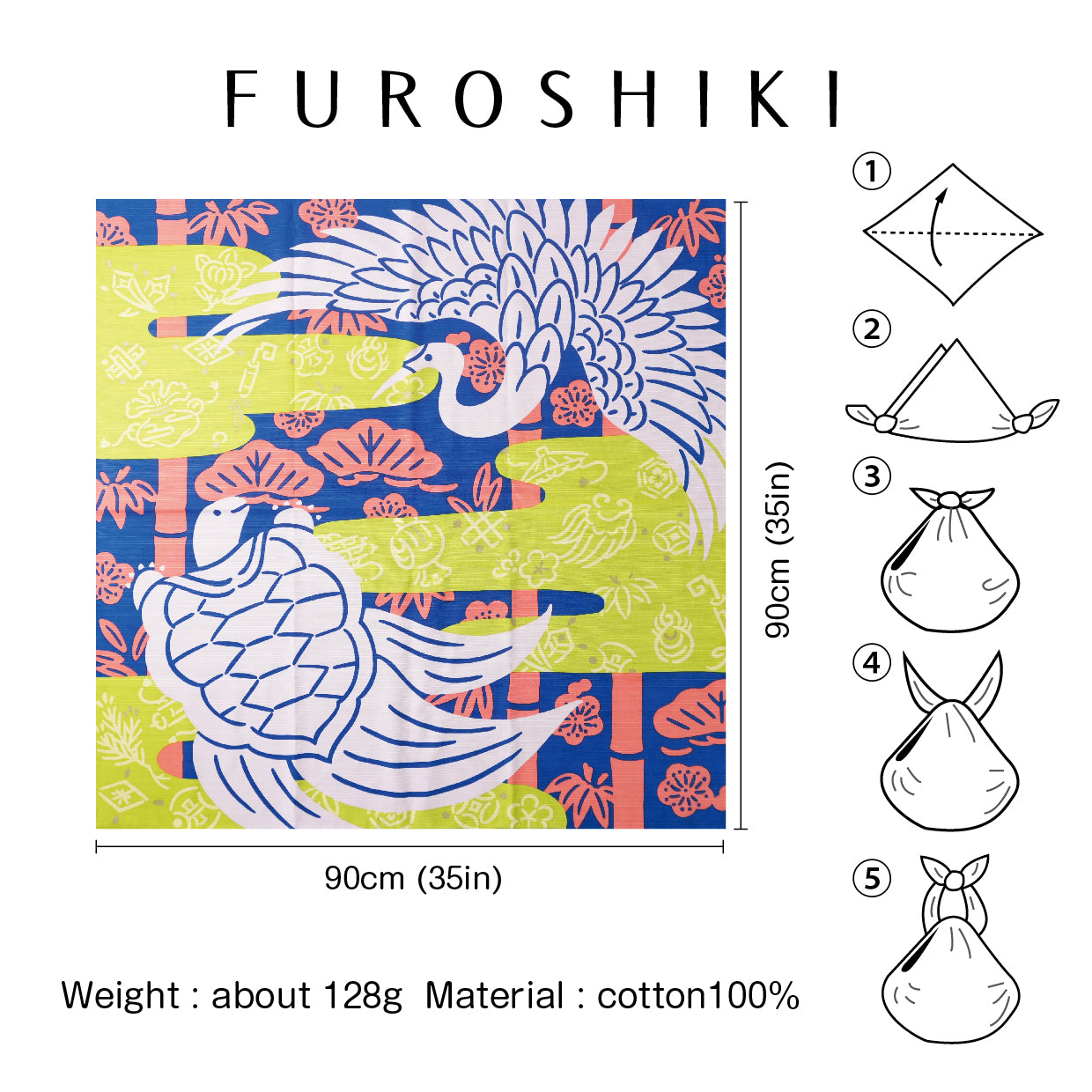 Furoshiki | Tsurukame coloré | 100% coton, 90 cm, fabriqué au Japon | Mashu KYOTO