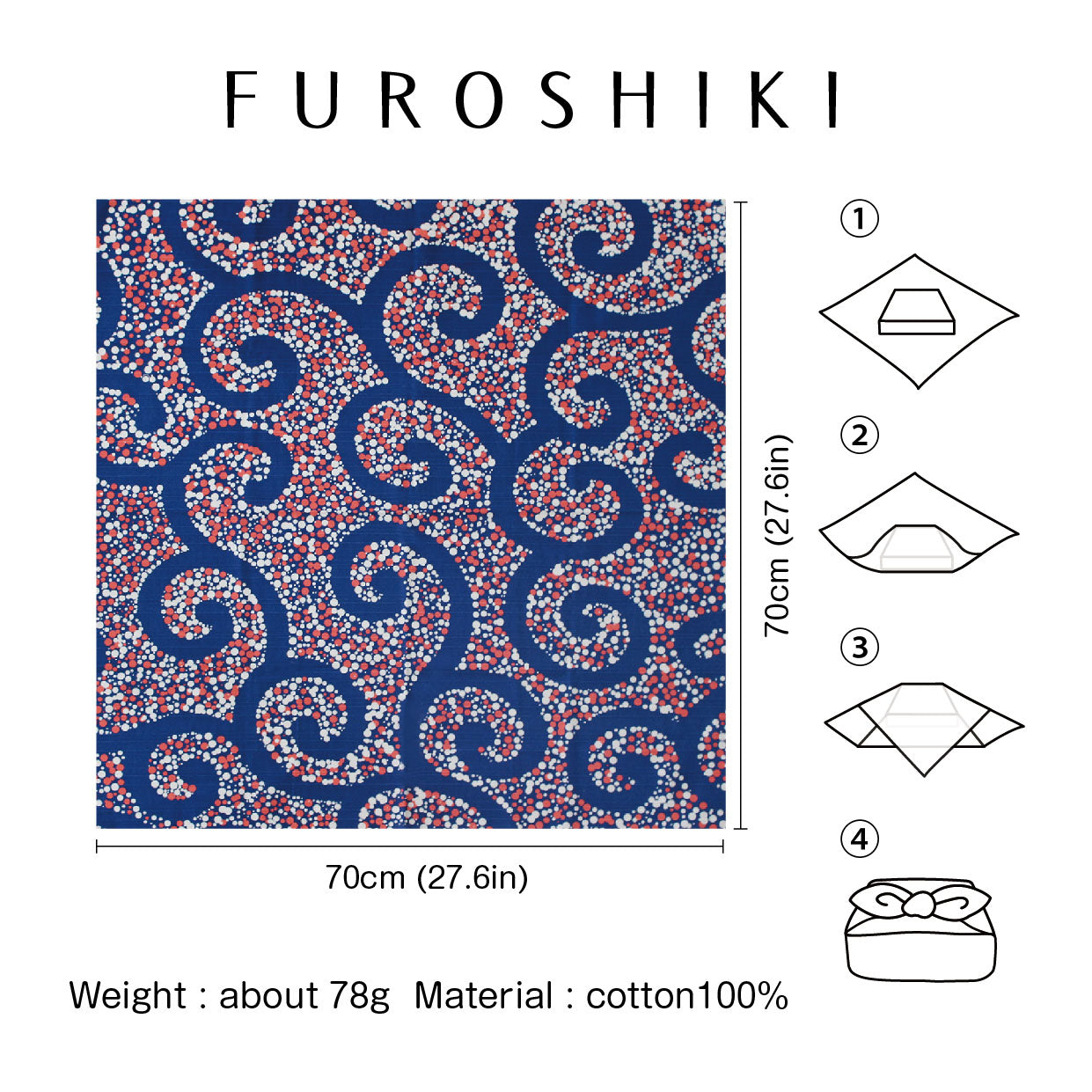 Furoshiki | Arabesque Bleu | 100% coton, 70 cm, fabriqué au Japon | Mashu KYOTO