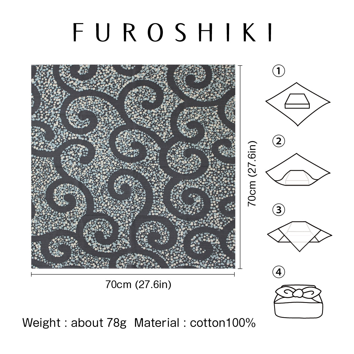 Furoshiki | Arabesque, Gris | 100% coton, 70 cm, fabriqué au Japon | Mashu KYOTO
