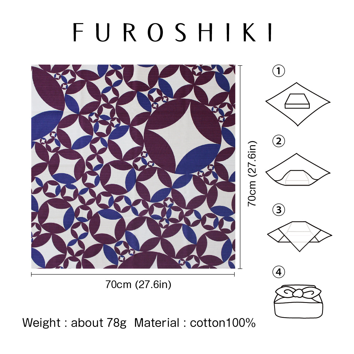 Furoshiki | Shippou Violet | 100% coton, 70 cm, fabriqué au Japon | Mashu KYOTO