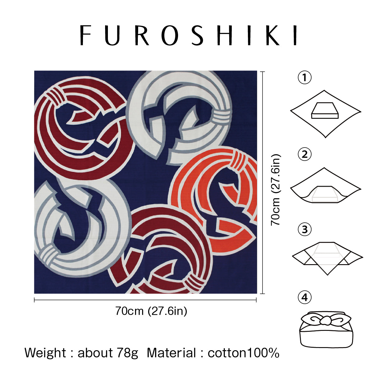 Furoshiki (tissu d'emballage) | Marine Marunoshi | 100% coton, 70 cm, fabriqué au Japon | Mashu KYOTO