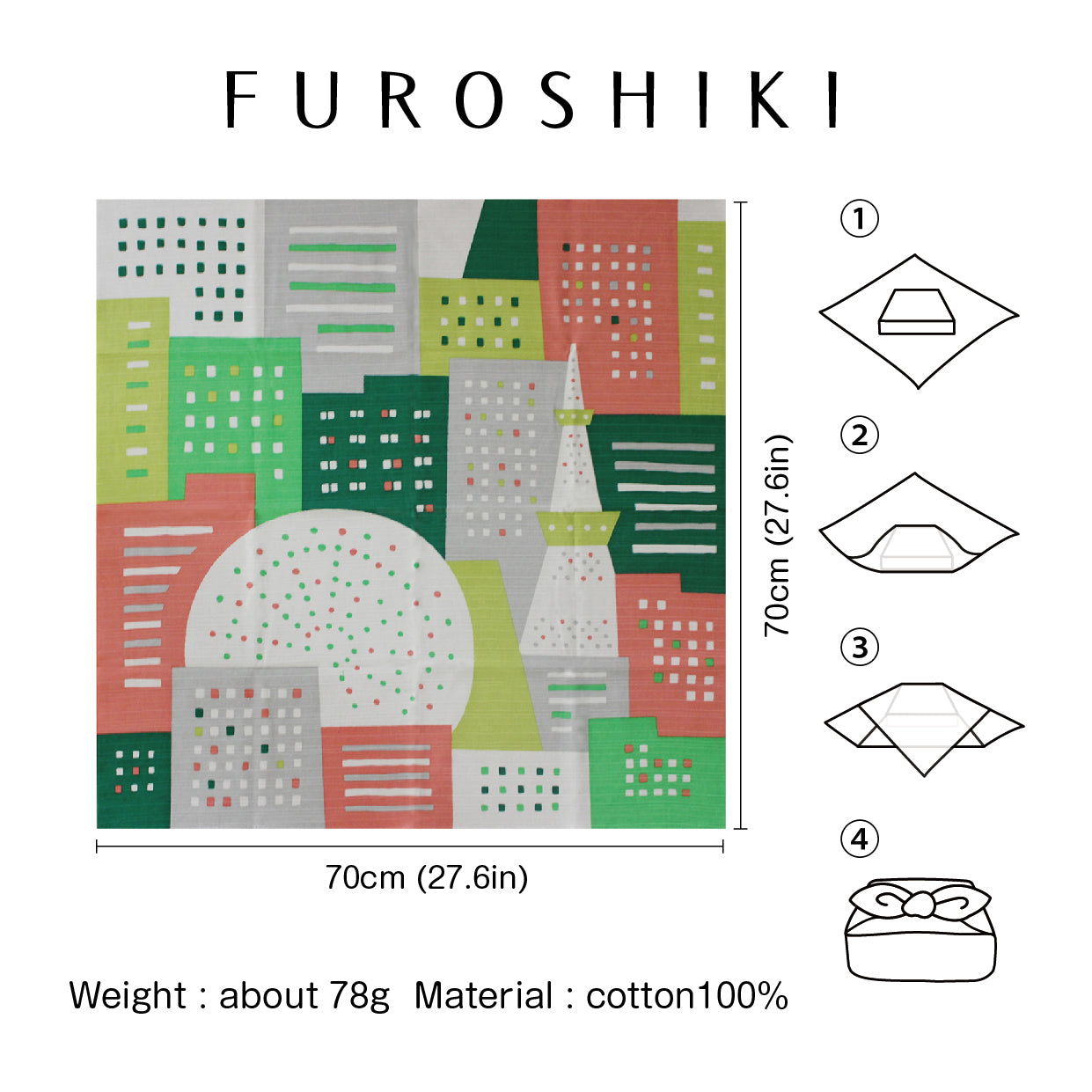 Japanese Furoshiki Wrap – Wagara City Lights Green | Hand-Dyed in Kyoto | Sustainable Cotton Gift Wrap