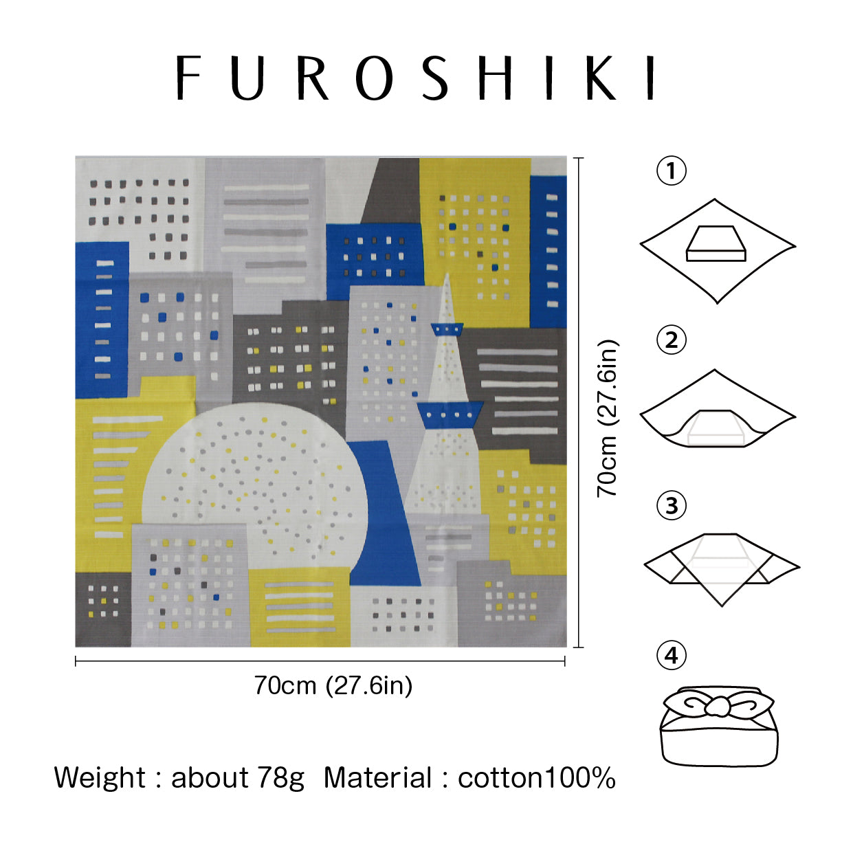 Japanese Furoshiki Wrap – Wagara City Lights, Gray | Hand-Dyed in Kyoto | Sustainable Cotton Gift Wrap