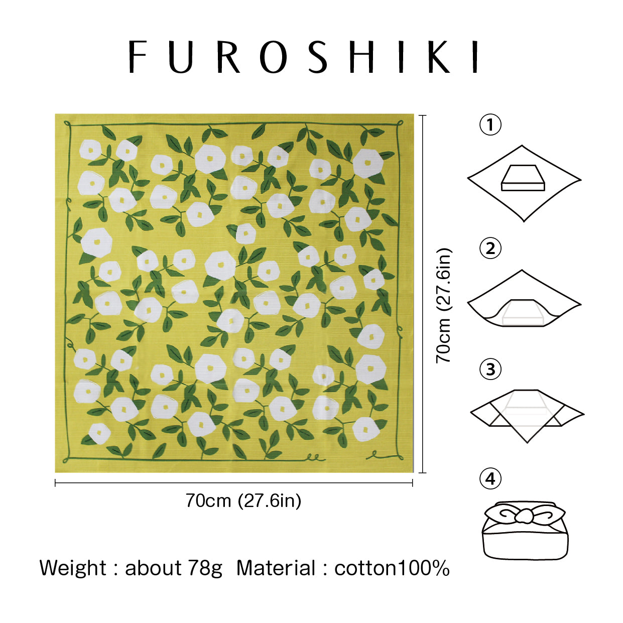 Furoshiki | Hirugao Jaune | 100% coton, 70 cm, fabriqué au Japon | Mashu KYOTO