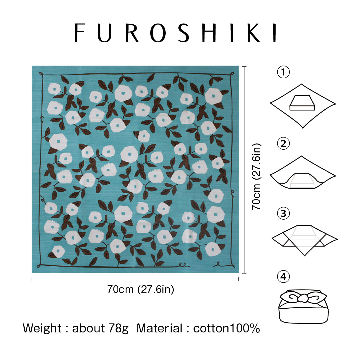 Furoshiki (tissu d'emballage de style japonais) | Hirugao bleu clair | 100% coton, 70 cm, fabriqué au Japon | Mashu KYOTO