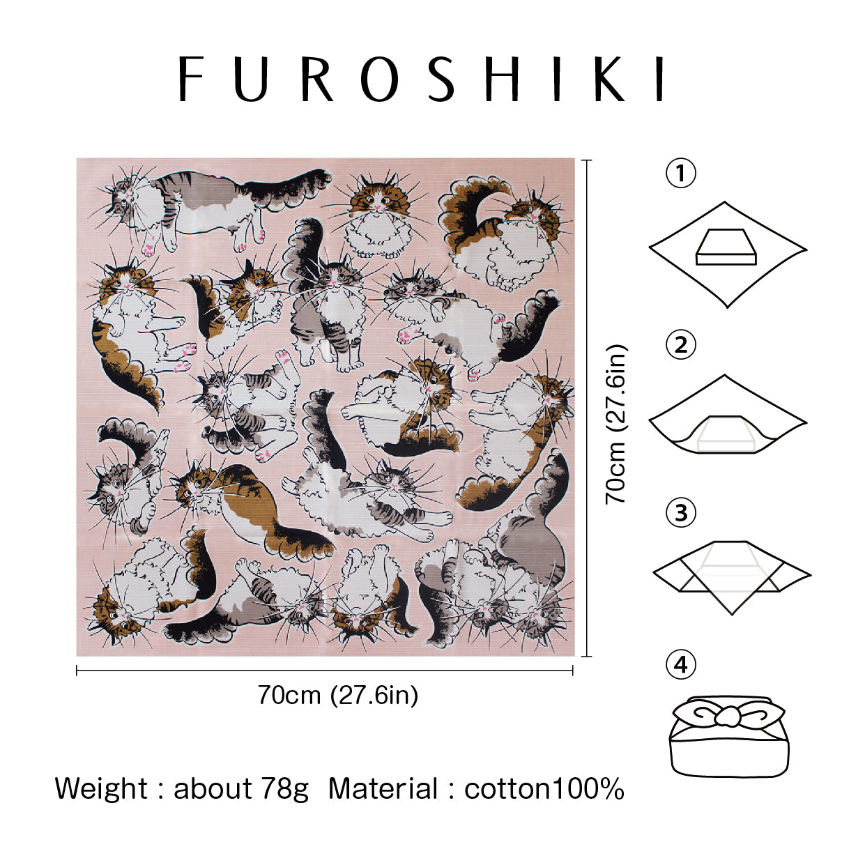 Japanese Furoshiki Wrap – Wagara Cat Pink | Hand-Dyed in Kyoto | Sustainable Cotton Gift Wrap
