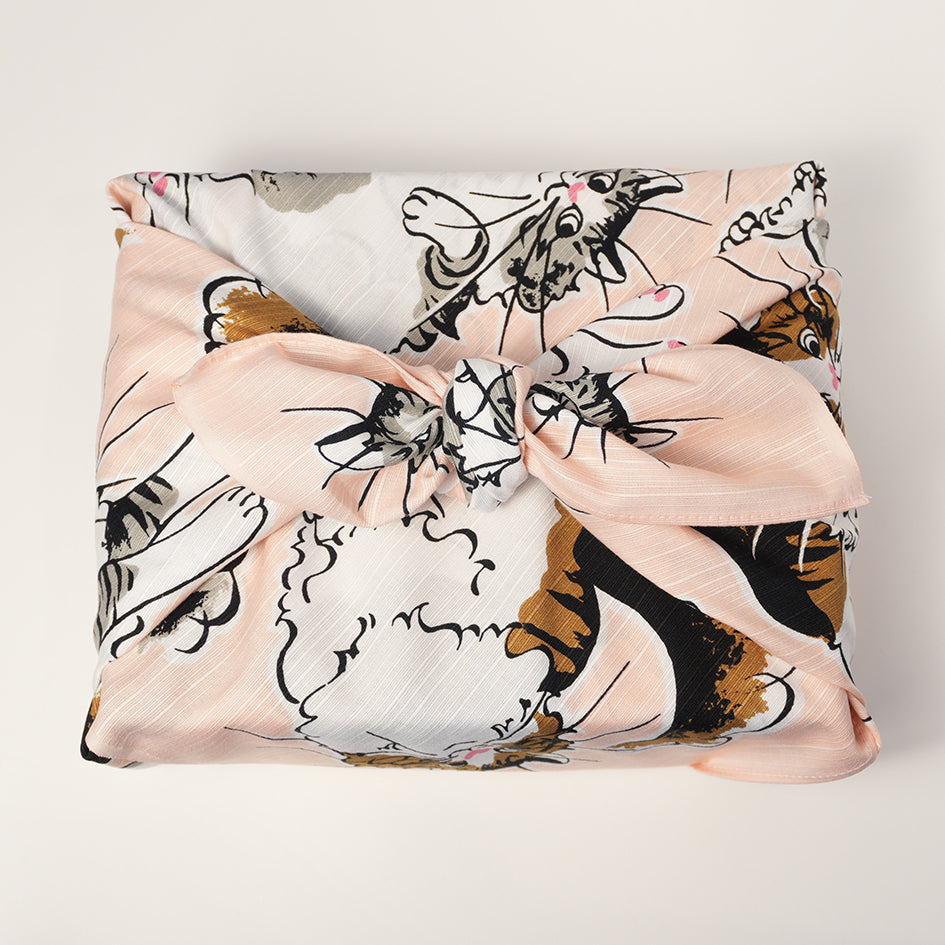 Japanese Furoshiki Wrap – Wagara Cat Pink | Hand-Dyed in Kyoto | Sustainable Cotton Gift Wrap