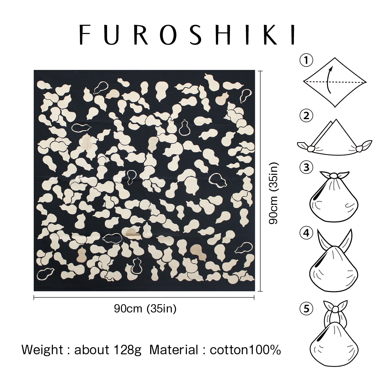 Japanese Furoshiki Wrap – Wagara Gourd Black | Hand-Dyed in Kyoto | Sustainable Cotton Gift Wrap