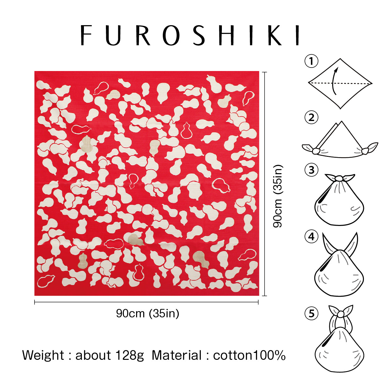 Furoshiki (Wrapping Cloth) | Red Gourd (with Foil) | 100% Cotton, 90cm, Made in Japan | Mashu KYOTO