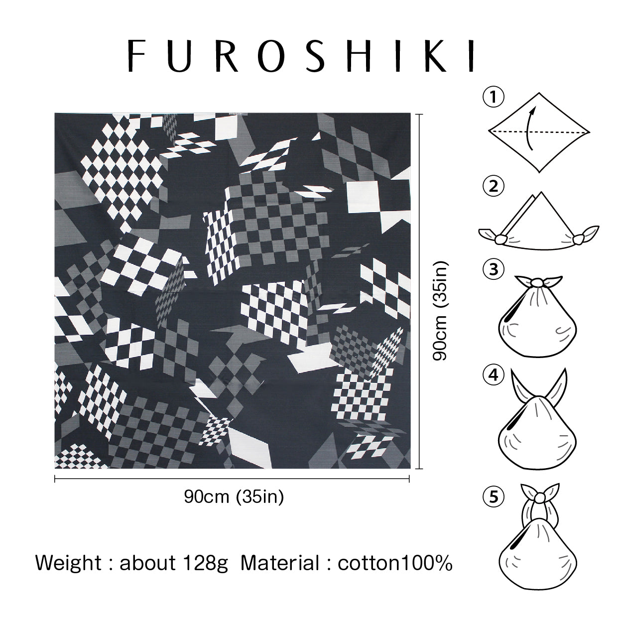 Furoshiki | Ichimatsu Noir | 100% coton, 90 cm, fabriqué au Japon | Mashu KYOTO