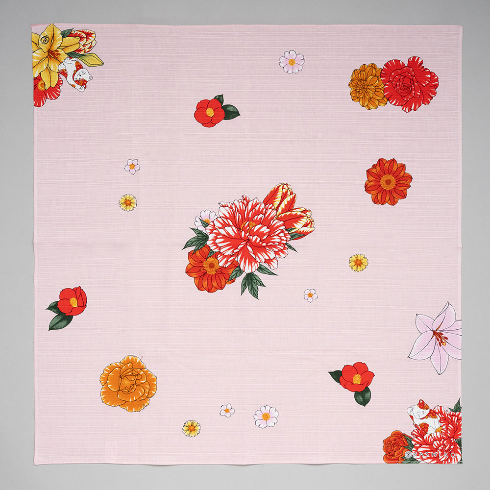 Furoshiki (Wrapping Cloth) | Hanatsume Maneki Neko (Beckoning Cat) | 100% Cotton, 70cm, Made in Japan | KASHIKO