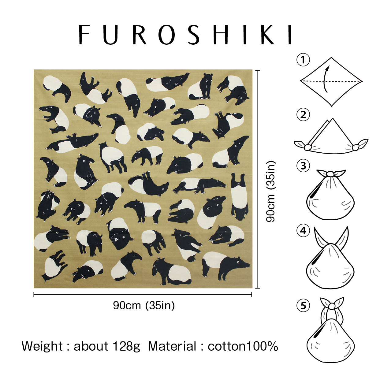 Furoshiki (tissu d'emballage) | Bakou Kaki | 100% coton, 90 cm, fabriqué au Japon | Mashu KYOTO