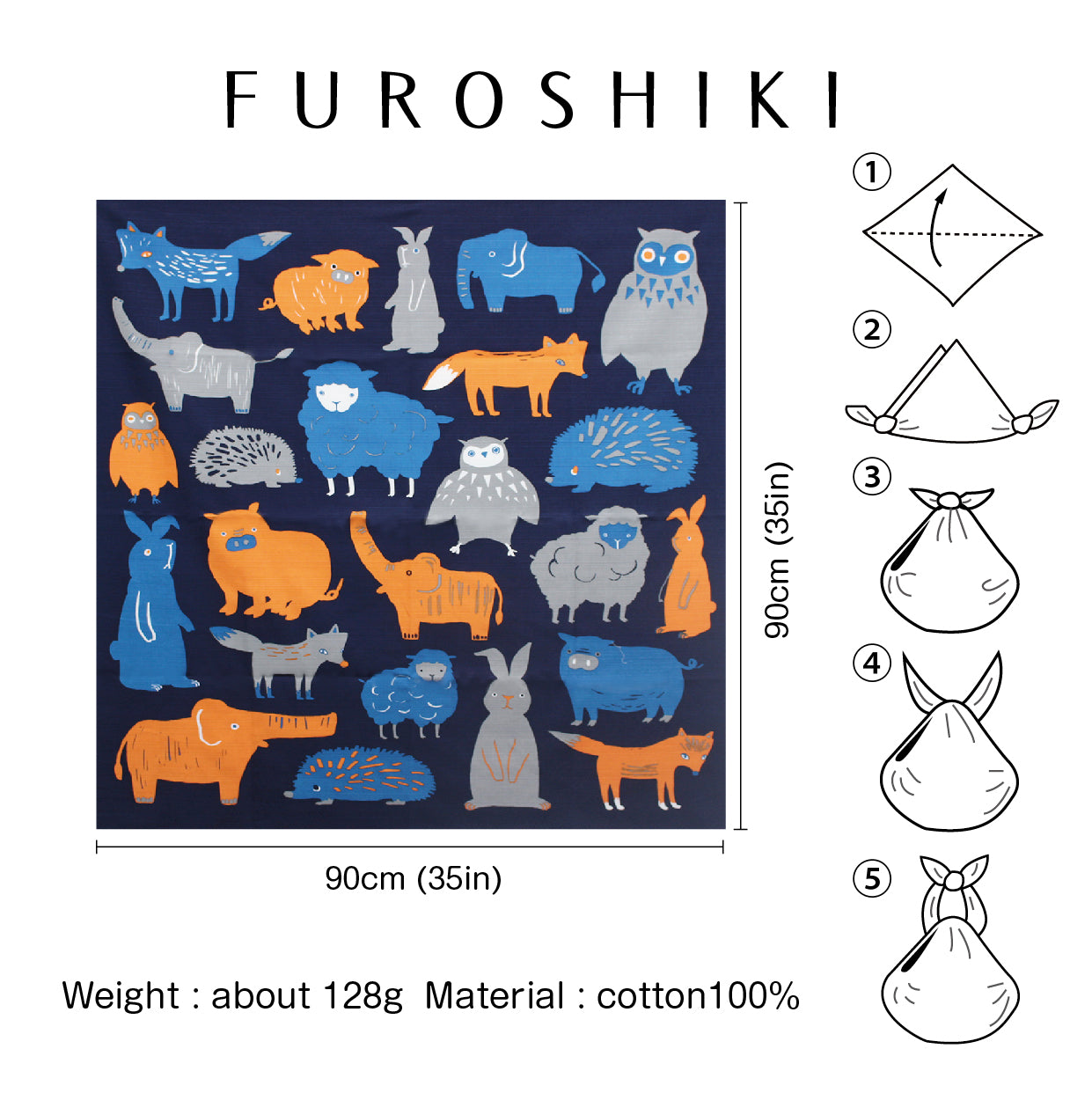 Japanese Furoshiki Wrap – Wagara Happy Animals | Hand-Dyed in Kyoto | Sustainable Cotton Gift Wrap