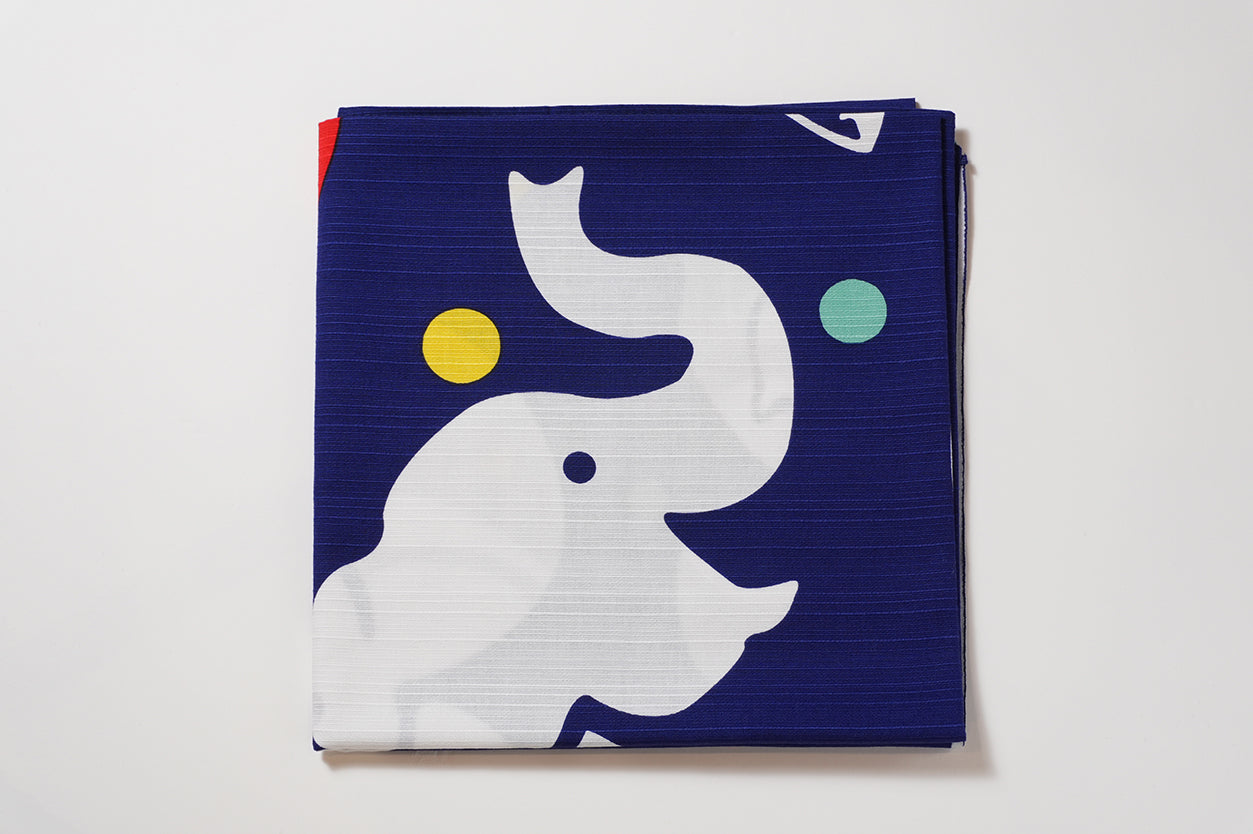 Furoshiki (tissu d'emballage) | Éléphant, bleu | 100% coton, 90 cm, fabriqué au Japon | Mashu KYOTO