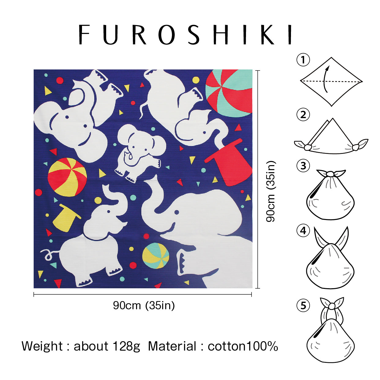 Furoshiki (tissu d'emballage) | Éléphant, bleu | 100% coton, 90 cm, fabriqué au Japon | Mashu KYOTO