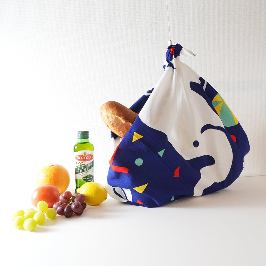Furoshiki (tissu d'emballage) | Éléphant, bleu | 100% coton, 90 cm, fabriqué au Japon | Mashu KYOTO