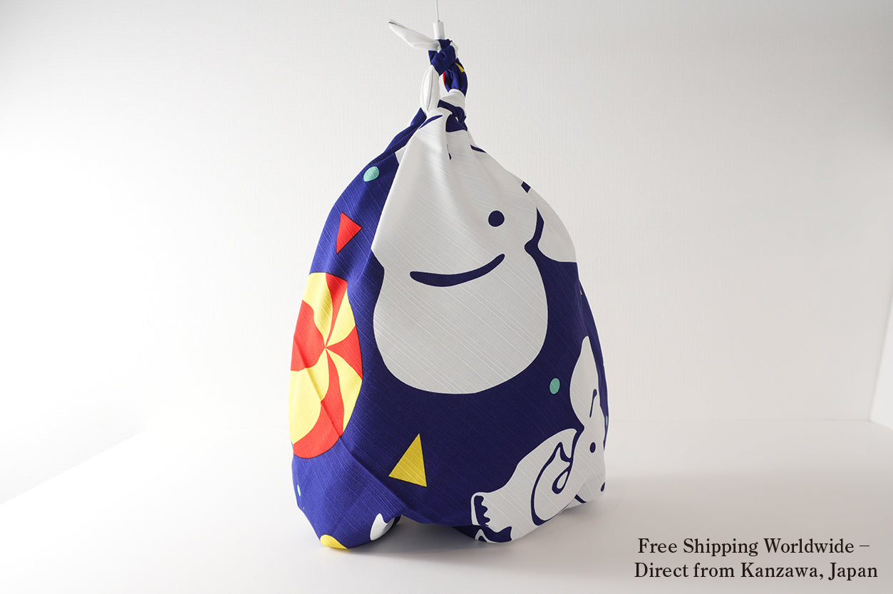 Furoshiki (tissu d'emballage) | Éléphant, bleu | 100% coton, 90 cm, fabriqué au Japon | Mashu KYOTO