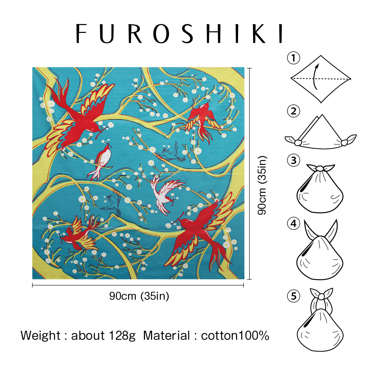 Furoshiki (Wrapping Cloth) | Flower-Eating Bird, Green | 100% Cotton, 90cm, Made in Japan | Mashu KYOTO