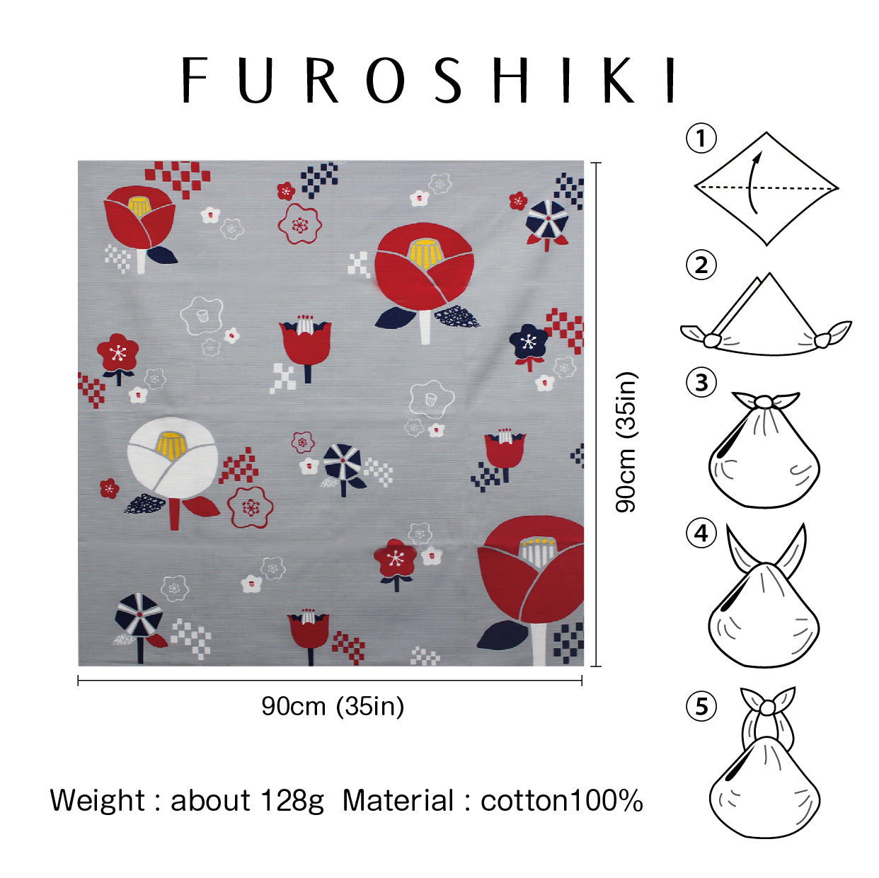 Furoshiki (tissu d'emballage) | Rouge camélia | 100% coton, 90 cm, fabriqué au Japon | Mashu KYOTO