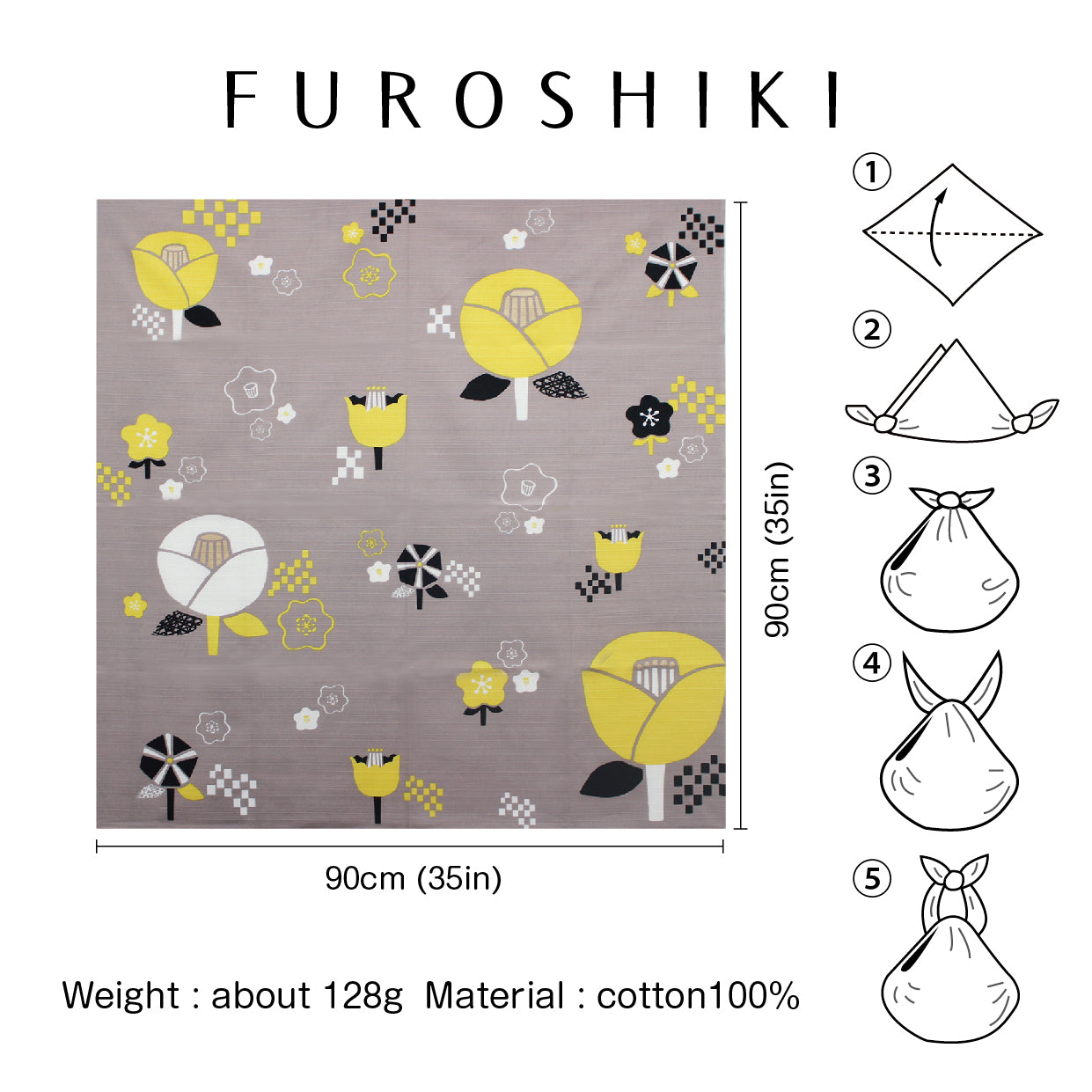 Japanese Furoshiki Wrap – Wagara Camellia yellow | Hand-Dyed in Kyoto | Sustainable Cotton Gift Wrap