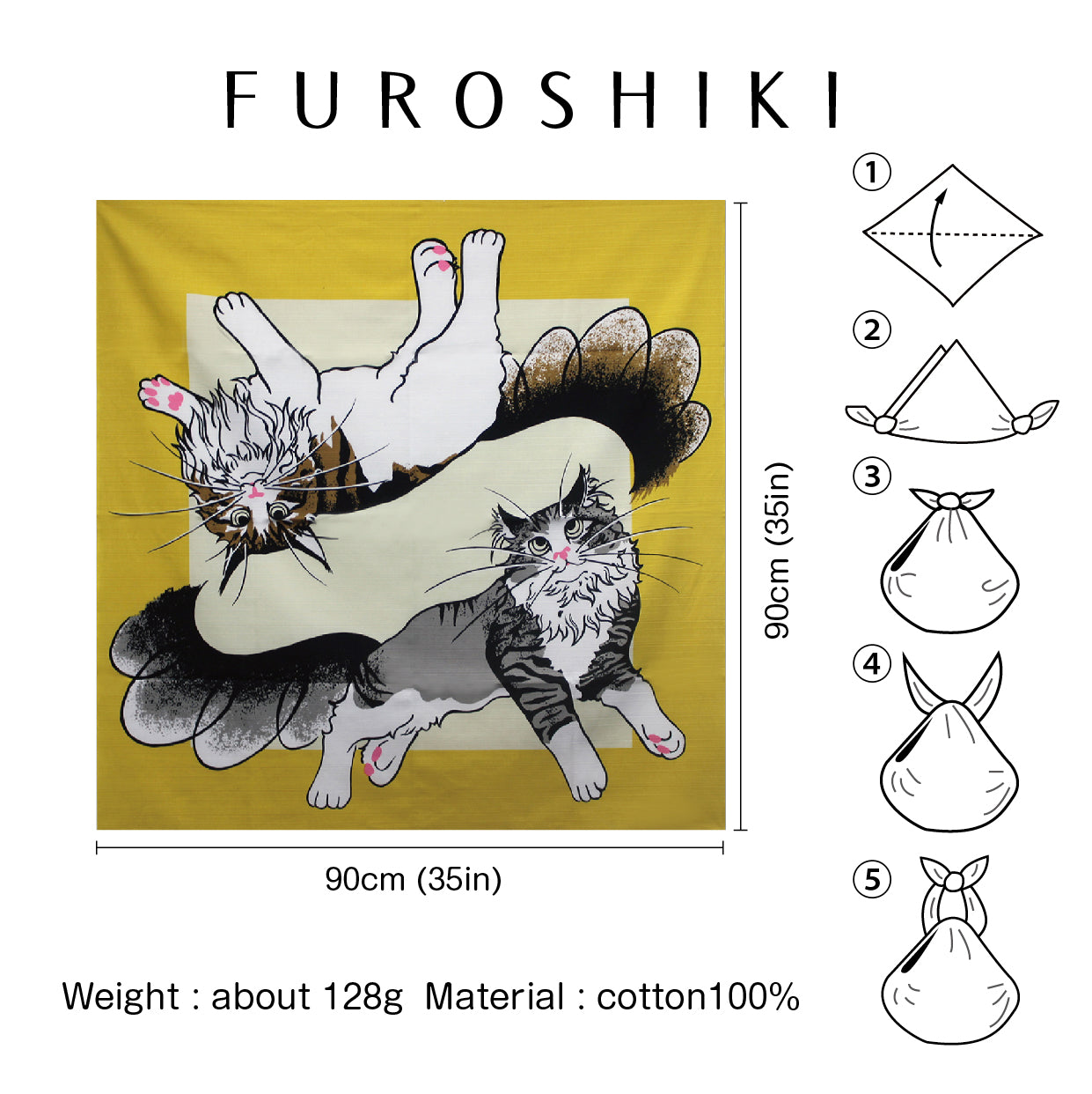 Japanese Furoshiki Wrap – Wagara Cat Yellow | Hand-Dyed in Kyoto | Sustainable Cotton Gift Wrap