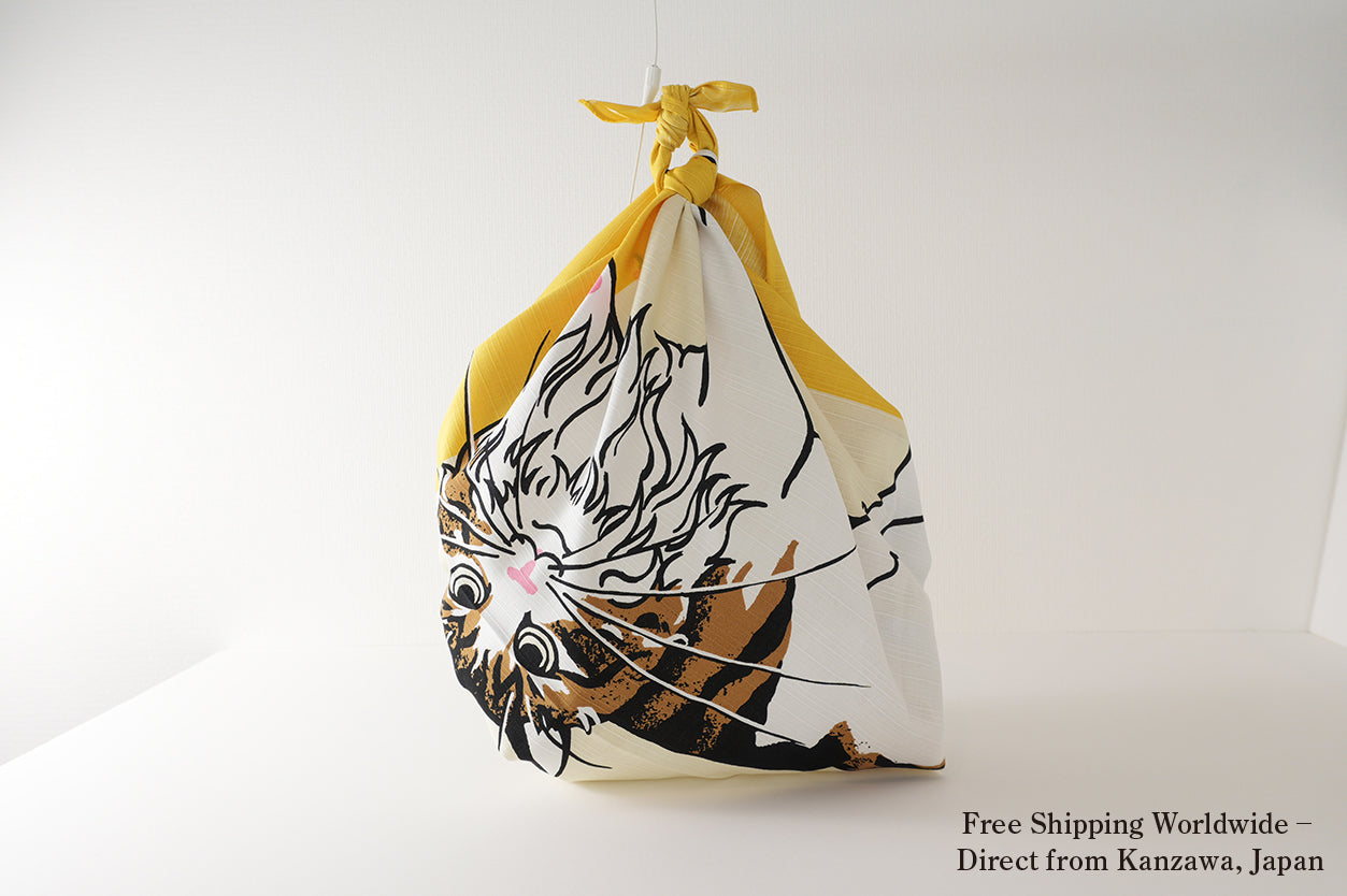 Japanese Furoshiki Wrap – Wagara Cat Yellow | Hand-Dyed in Kyoto | Sustainable Cotton Gift Wrap