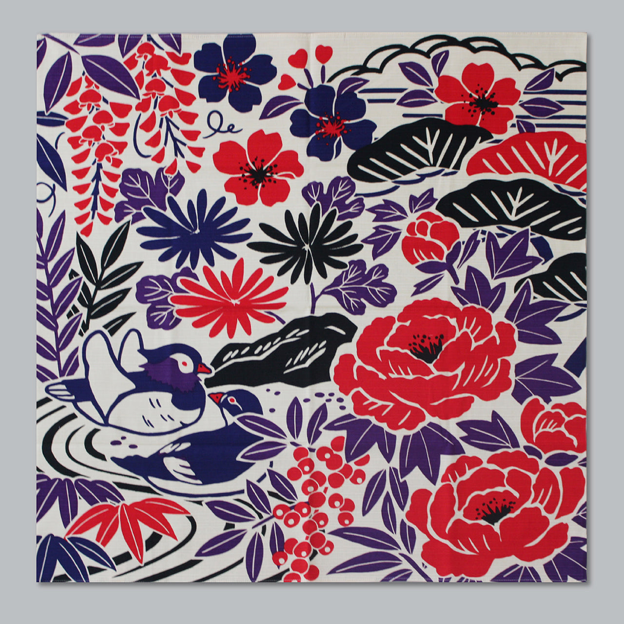 Furoshiki (Wrapping Cloth) | Flower and Bird Design, Red | 100% Cotton, 70cm, Made in Japan | Mashu KYOTO
