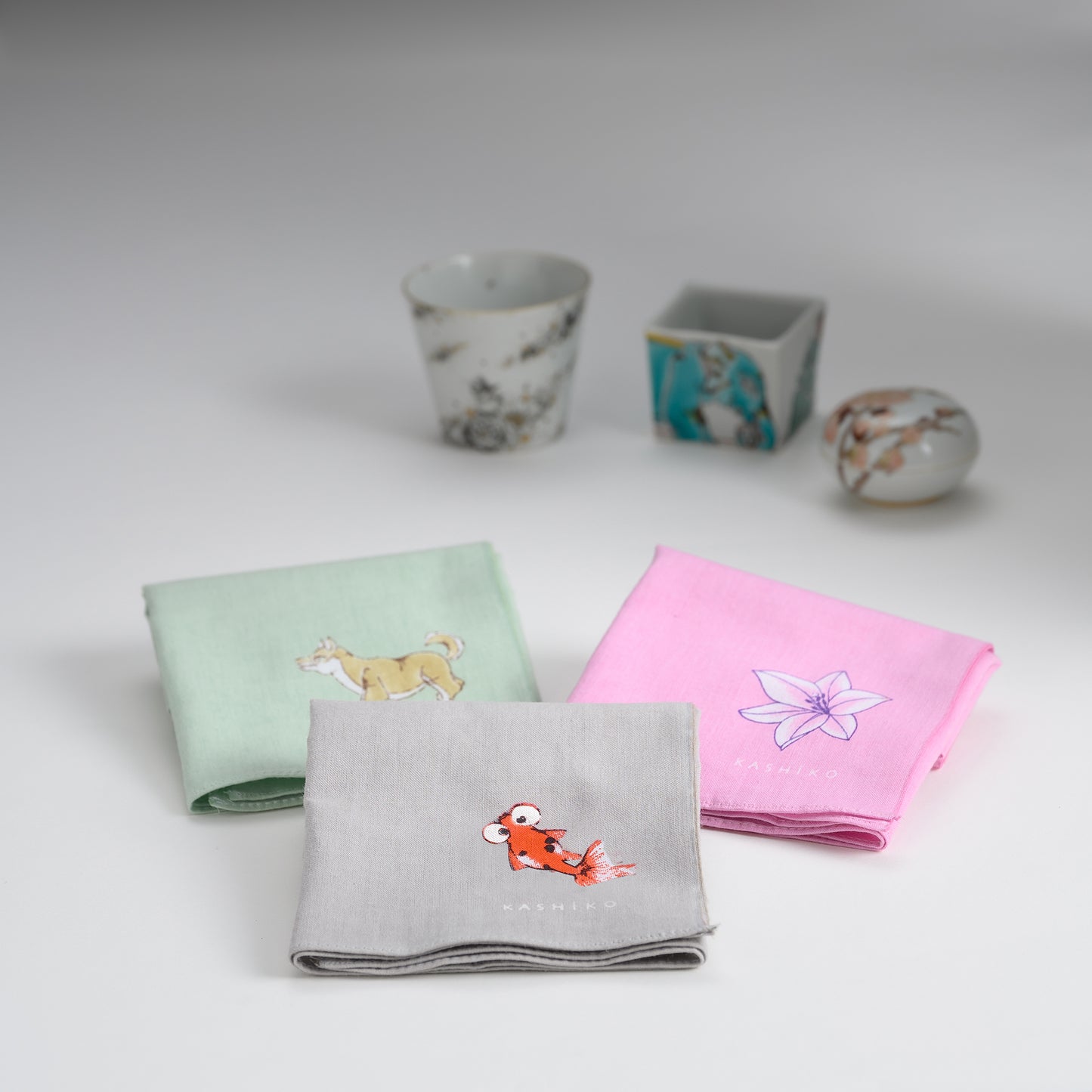 Hankachi〈Shiba Inu〉|Hand-dyed Cotton Handkerchief with Kutani Artist Design, Made in Japan