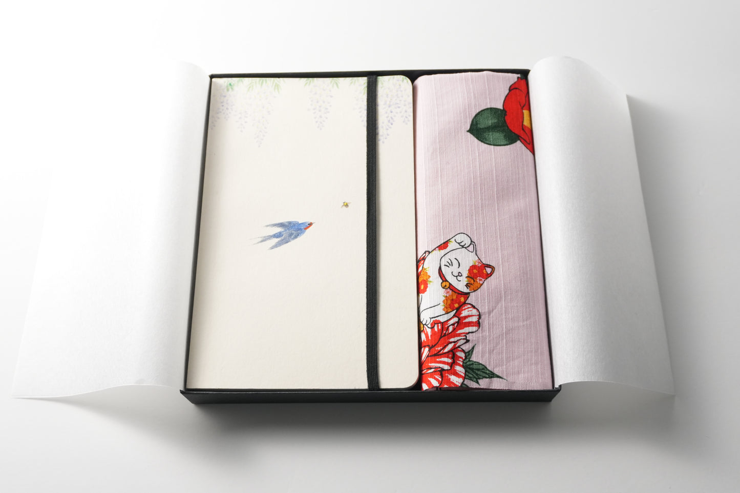 Gift Set: Notebook + Furoshiki Wisteria & Swallow Notebook × Lucky Cat Furoshiki|Made in Japan