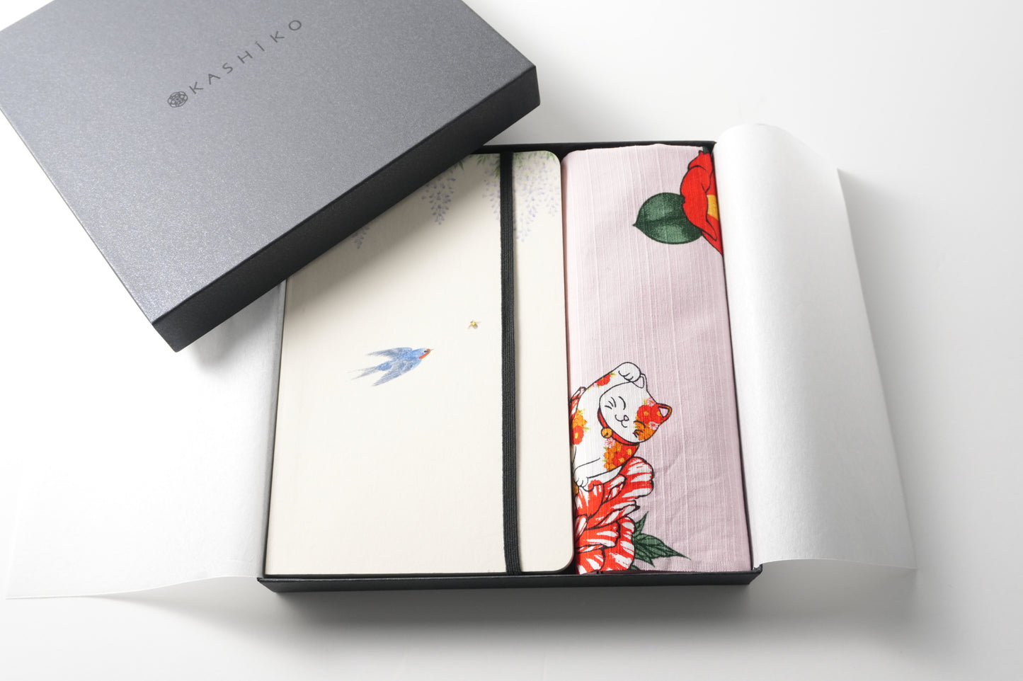 Gift Set: Notebook + Furoshiki Wisteria & Swallow Notebook × Lucky Cat Furoshiki|Made in Japan