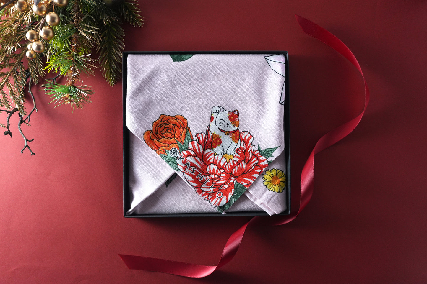 Furoshiki (Wrapping Cloth) | Hanatsume Maneki Neko (Beckoning Cat) | 100% Cotton, 70cm, Made in Japan | KASHIKO