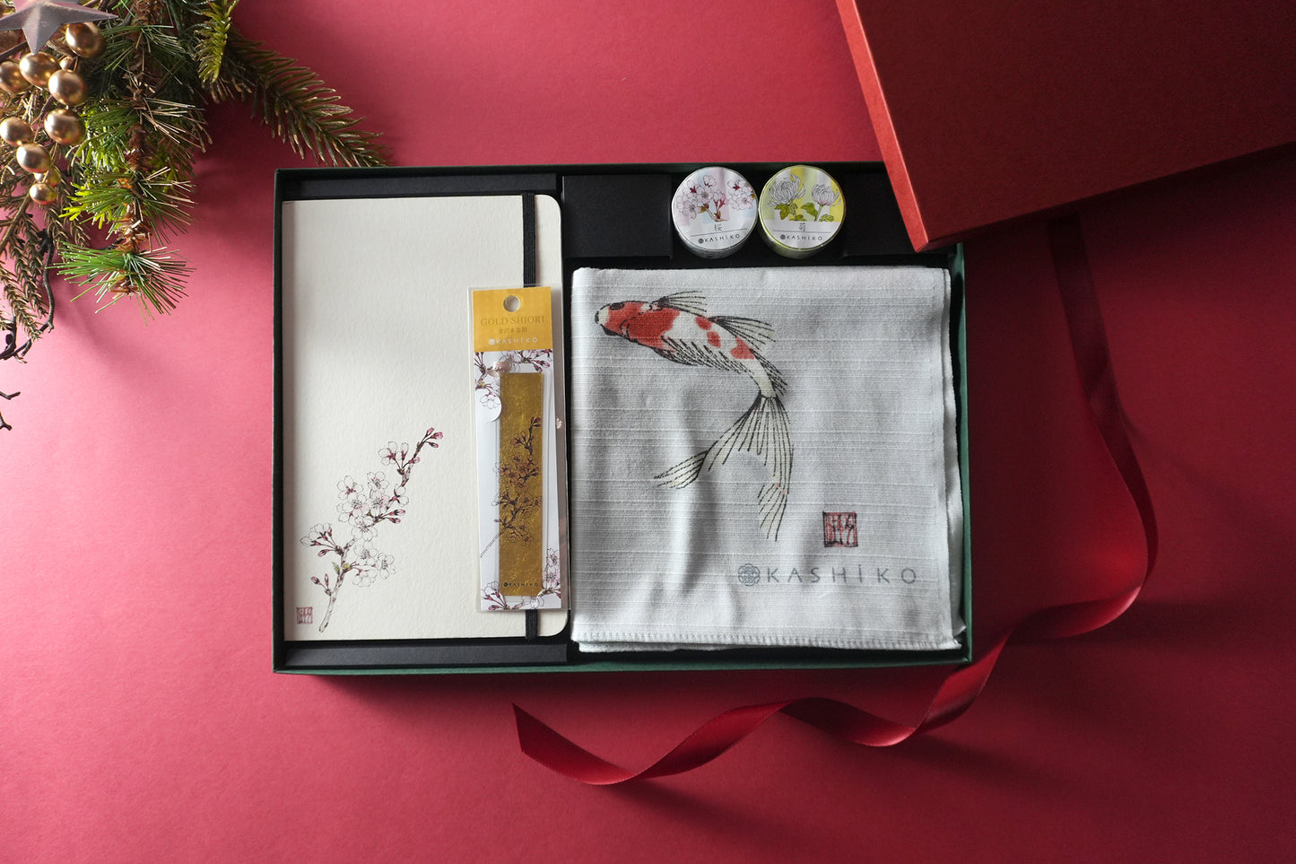 Christmas Limited Edition Artist Gift Set | Sakura Notebook, Goldfish Furoshiki Wrapping Cloth, Gold Leaf Bookmark (Yukika Shibata)