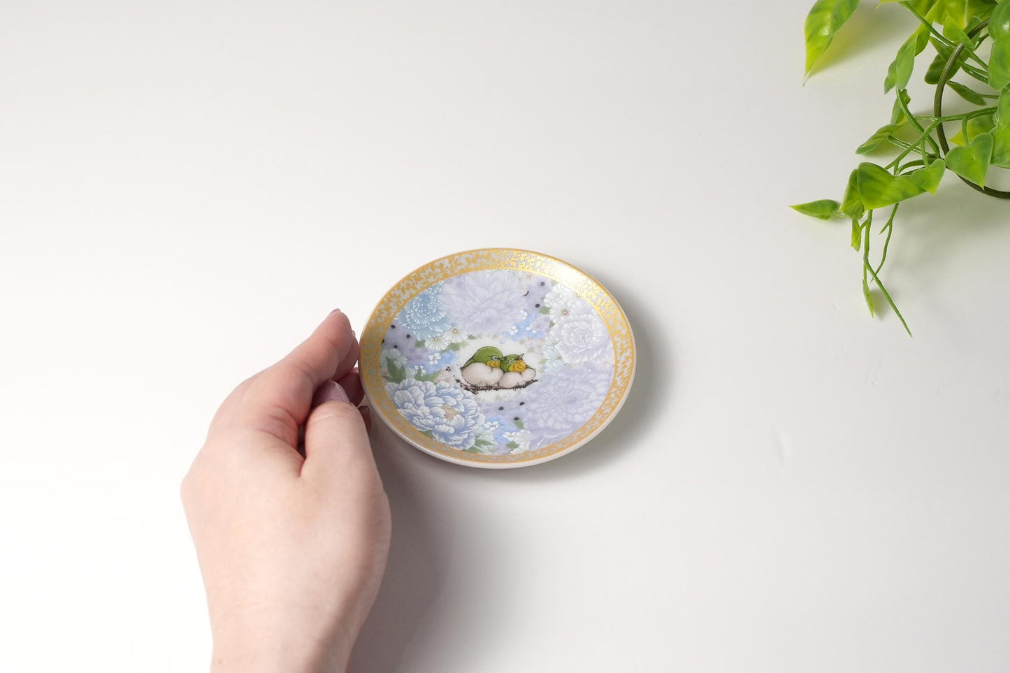 Kutani Art Small Plate, Flowers in Light Pink, with White Eyes, supervised by Satomi Kawata