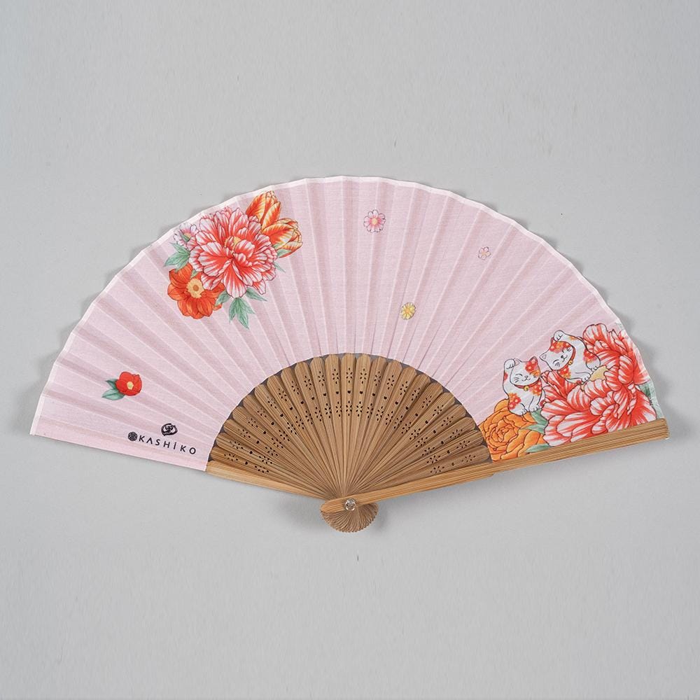 Sensu Set〈Floral Lucky Cat〉|Kutani Artist Design by Satomi Kawada – Folding Fan, Chirimen Pouch, and Gift Box
