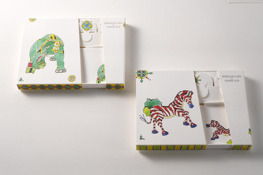 Ensemble de 2 cartes de message et trombones | Zèbre et éléphant divin | Artiste Yasushi Yamachika | KASHIKO Original