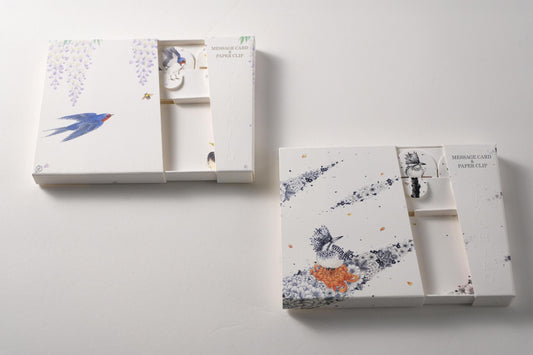 Ensemble de 2 cartes de message et trombones | Glycine, Hirondelle et Jade des montagnes | Artiste Satomi Kawata | KASHIKO original