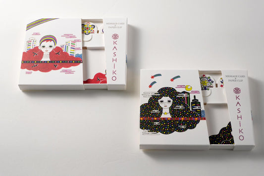 Ensemble de 2 cartes de message et trombones | Rêverie : Soleil et arc-en-ciel et lune et étoiles | Artiste Yuko Kawashima | KASHIKO édition limitée