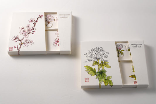 Ensemble de 2 cartes de message et trombones | Fleur de cerisier et chrysanthème | Artiste Yukika Shibata | KASHIKO original