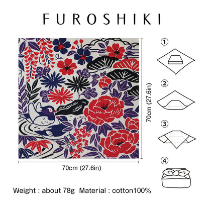 Furoshiki (Wrapping Cloth) | Flower and Bird Design, Red | 100% Cotton, 70cm, Made in Japan | Mashu KYOTO
