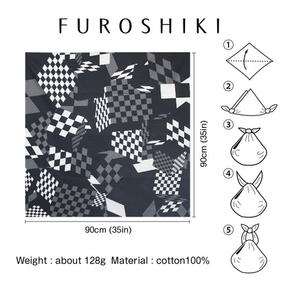 Furoshiki | Ichimatsu Noir | 100% coton, 90 cm, fabriqué au Japon | Mashu KYOTO