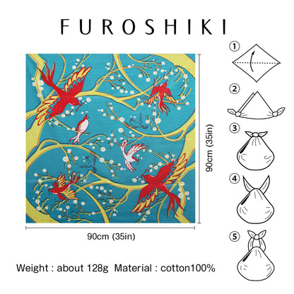 Furoshiki (Wrapping Cloth) | Flower-Eating Bird, Green | 100% Cotton, 90cm, Made in Japan | Mashu KYOTO