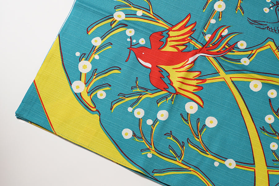 Furoshiki (Wrapping Cloth) | Flower-Eating Bird, Green | 100% Cotton, 90cm, Made in Japan | Mashu KYOTO