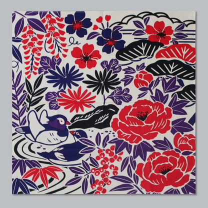 Furoshiki (Wrapping Cloth) | Flower and Bird Design, Red | 100% Cotton, 70cm, Made in Japan | Mashu KYOTO